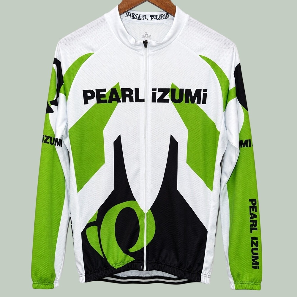 Pearl Izumi Cycling Jersey Mens XL Green White Black Long Sleeve Triple Pockets